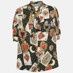 Dolce & Gabbana Black Card Print Silk Neck Tie-up Blouse L