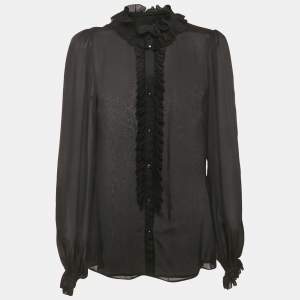 Pre Owned Dolce & Gabbana Black Silk Frill Detail Sheer Blouse M