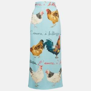 Dolce & Gabbana Blue Rooster & Chicken Print Crepe Midi Skirt M