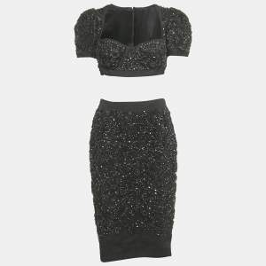 Dolce & Gabbana Black Crystal Embellished Jacquard Top and Skirt Set S