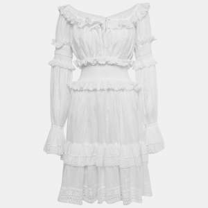 Pre Owned Dolce & Gabbana White Lace Trim Cotton Ruffled Short Dress S