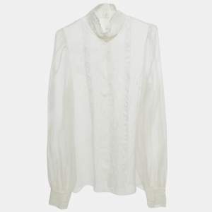 Dolce & Gabbana White Sheer Silk Lace Trimmed Blouse M