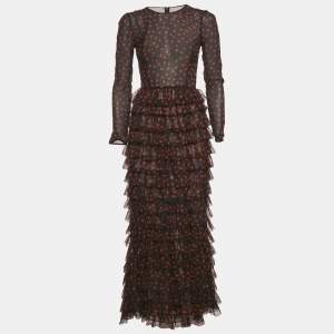 Pre Owned Dolce & Gabbana Black Polka Dots Silk Tiered Maxi Dress S