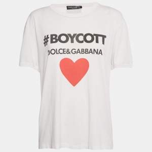 Pre Owned Dolce & Gabbana White Boycott Logo Print Cotton T-Shirt S