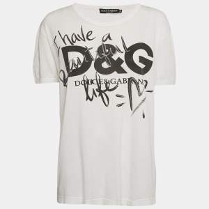 Pre Owned Dolce & Gabbana White Beautiful Life Logo Print Cotton T-Shirt M