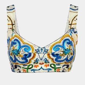 Dolce & Gabbana White Majolica Printed Cotton Bralette M