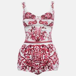 مملوكة مسبقًا Dolce & Gabbana White Majolica Print Mesh Corset Top & Cotton Shorts Set XS/S 