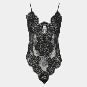 Pre Owned Dolce & Gabbana Black Lace Logo Bodysuit M
