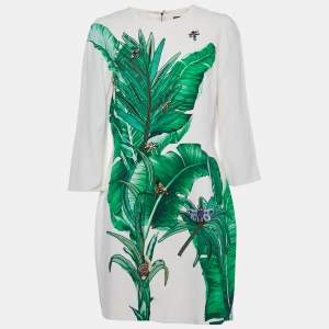 Pre Owned Dolce & Gabbana Cream Banana Leaf Embroidered Crepe Jewel Dress L