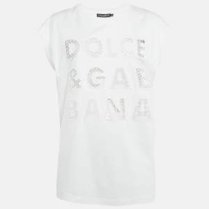 Pre Owned Dolce & Gabbana White Cotton Logo Embellished Detail Cap Sleeve T-Shirt S