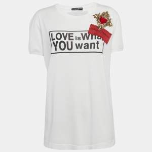 Pre Owned Dolce & Gabbana White Slogan Print Embroidered Cotton T-Shirt S