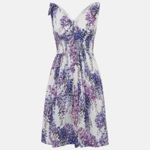 Pre Owned Dolce & Gabbana White Floral Print Cotton Tie UP Wisteria Mini Dress S