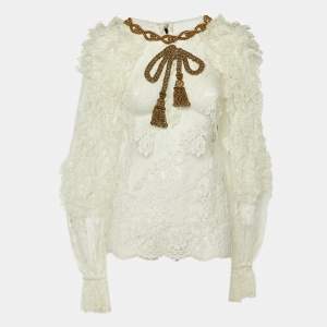 Pre Owned Dolce & Gabbana White Lace Rope Embellished Sheer Top L