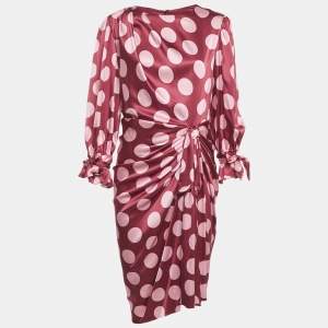 Pre Owned Dolce & Gabbana Burgundy Polka Dot Silk Wrap Detail Midi Dress L 