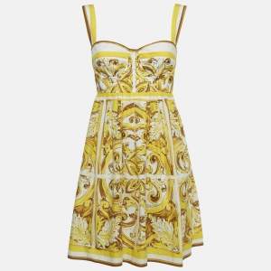 Pre Owned Dolce & Gabbana Yellow Majolica Print Cotton Mini Corset Dress S