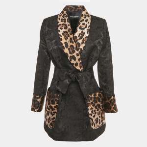 Pre Owned Dolce & Gabbana Black & Leopard Print Trimmed Jacquard Belted Jacket M