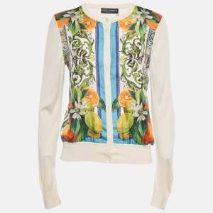 Pre Owned Dolce & Gabbana Cream Printed Silk & Knit Button Front Cardigan M