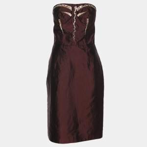 Pre Owned Dolce & Gabbana Burgundy Satin and Leather Tube Midi Dress M