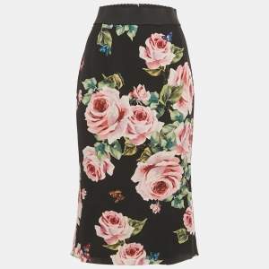 Pre Owned Dolce & Gabbana Black Floral Print Silk Midi Skirt M