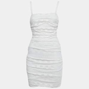 Pre Owned Dolce & Gabbana White Lace Ruched Sleeveless Mini Dress M