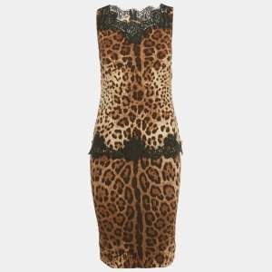 Pre Owned Dolce & Gabbana Brown Animal Print Lace Detail Top & Skirt Set S/XS 