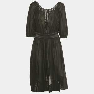 Pre Owned Dolce & Gabbana Black Cotton Belt Detail Flared Midi Dress M
