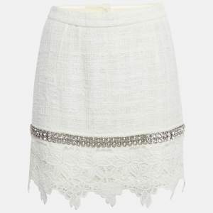 Pre Owned Dolce & Gabbana White Lace Crystal Detail Mini Skirt M