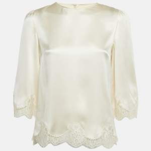 Pre Owned Dolce & Gabbana Cream Lace Trim Satin Blouse S