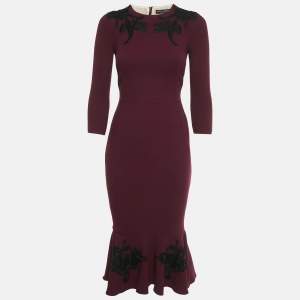 Pre Owned Dolce & Gabbana Burgundy Floral Applique Wool Sheath Dress S