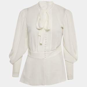 Pre Owned Dolce & Gabbana White Crepe Tie-Up Neck Blouse M