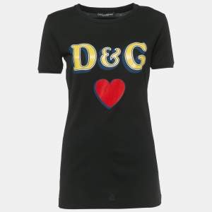 Pre Owned Dolce & Gabbana Black D& G Heart Print Cotton T-Shirt S 