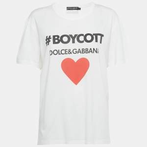 Pre Owned Dolce & Gabbana White Boycott Logo Print Cotton T-Shirt S 