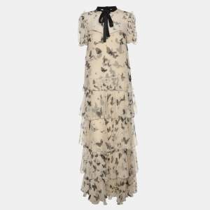 Pre Owned Dolce & Gabbana Beige Butterfly Print Chiffon Ruffled Layered Maxi Dress S