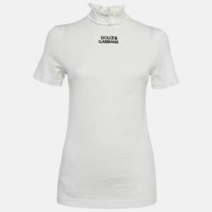 Pre Owned تي شيرت دولتشي آند غابانا قطن أبيض بتطريز شعار بتفاصيل دانتيل مقاس صغير