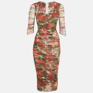 مملوكة مسبقًا Dolce & Gabbana Red /Green Floral Print Mesh Ruched Midi Dress XS
