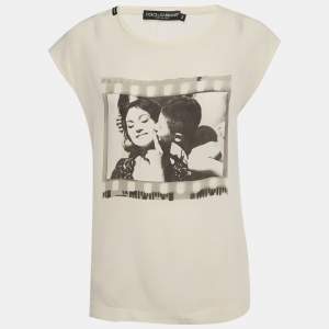 Pre Owned توب دولتشي أند غابانا بلا أكمام حرير مطبوع كريم صغير جداً