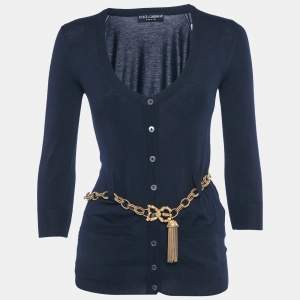 مملوكة مسبقًا Dolce & Gabbana Navy Blue Cashmere Knit Metallic Belt Cardigan S