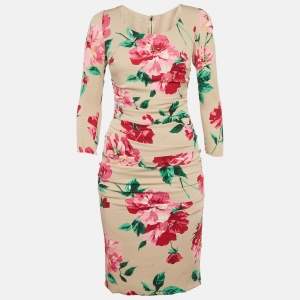 مملوكة مسبقًا Dolce & Gabbana Beige Floral Printed Silk Ruched Midi Dress S
