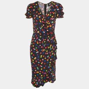 مملوكة مسبقًا Dolce & Gabbana Black Polka Dot Printed Silk Ruffled Faux Wrap Dress M