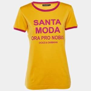 مملوكة مسبقًا Dolce & Gabbana Yellow Santa Moda Print Cotton Crew Neck T-Shirt M 