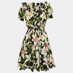 Pre Owned Dolce & Gabbana Black Floral Print Cotton Off -Shoulder Dress M 
