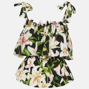 Pre Owned Dolce & Gabbana Black Poplin Print Cotton Ruffle Detail Top M