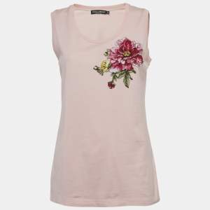 Pre Owned Dolce & Gabbana Pink Floral Embroidered Jersey Tank Top S