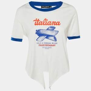 Pre Owned Dolce & Gabbana White Printed Cotton Tie Detail T-Shirt M