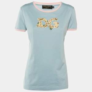 Pre Owned Dolce & Gabbana Blue /Pink Floral Logo Embroidered Cotton T-Shirt M