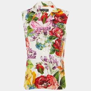 Pre Owned Dolce & Gabbana White Floral Print Cotton Sleeveless Top M