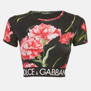 Pre Owned Dolce & Gabbana Black Floral Print Jersey Fitted Crop Top S