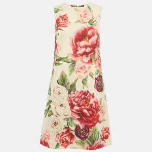 مملوكة مسبقًا Dolce & Gabbana Cream Rose Print Wool Blend Shift Mini Dress S