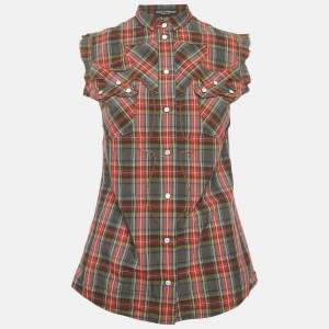Pre Owned Dolce & Gabbana Grey/Red Plaid Cotton Pearl Snap Button Detail Sleeveless Shirt S