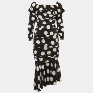 Pre Owned Dolce & Gabbana Black/White Polka Dots Satin Ruche Midi Dress M